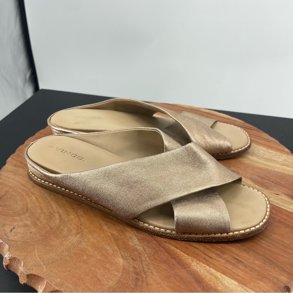Vince Metallic Gold Crossband Slide Sandals